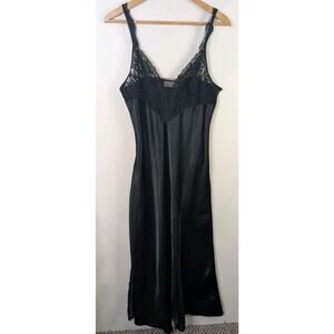 Vintage Victoria's Secret Nightgown Large L Black Satin And Lace Side Slit
